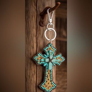 Turquoise Beaded Cross Keychain
